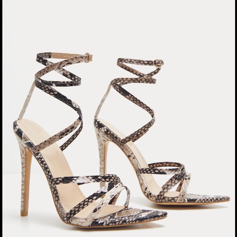 Snake Print Strappy Point Toe Sandal
